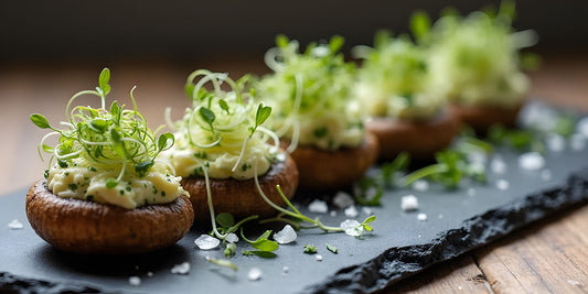 Green Pea Sprout & Goat Cheese Stuffed Mushrooms
