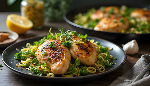 Roasted Chicken Thighs with Garlicky High-Glucoraphanin Broccoli Sprouts