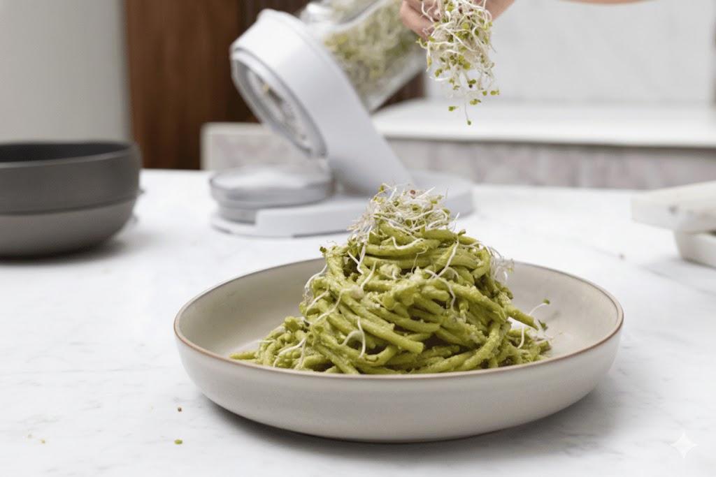 Fresh sprouts garnishing green pasta dish