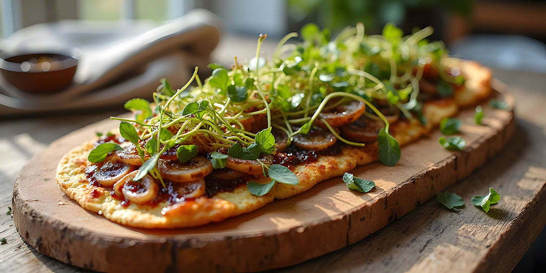 Clover Sprout & Caramelized Onion Flatbread with Balsamic Reduction