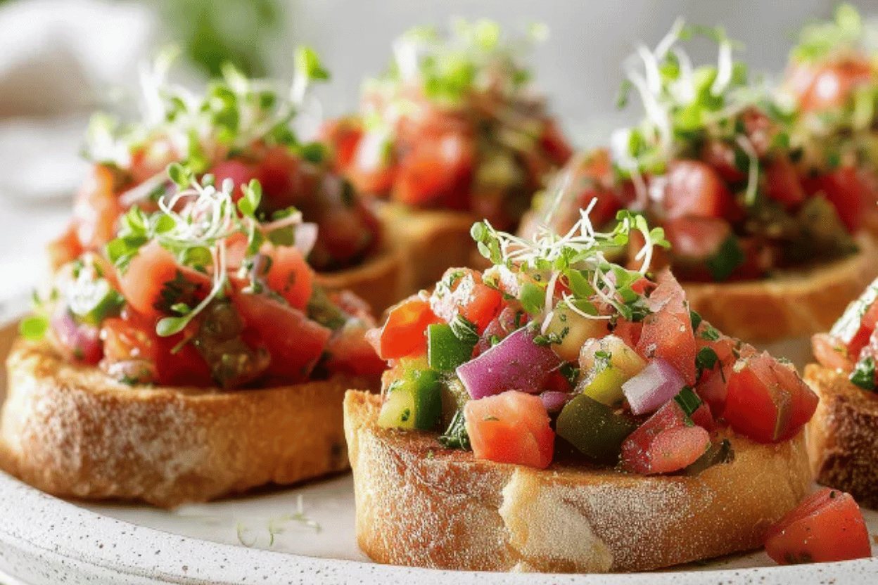 Bread topped with diced tomatoes, red onions, green peppers and sprouts.