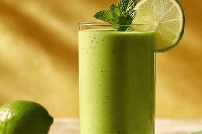A vibrant green smoothie in a clear glass garnished with a lime slice and mint leaves.