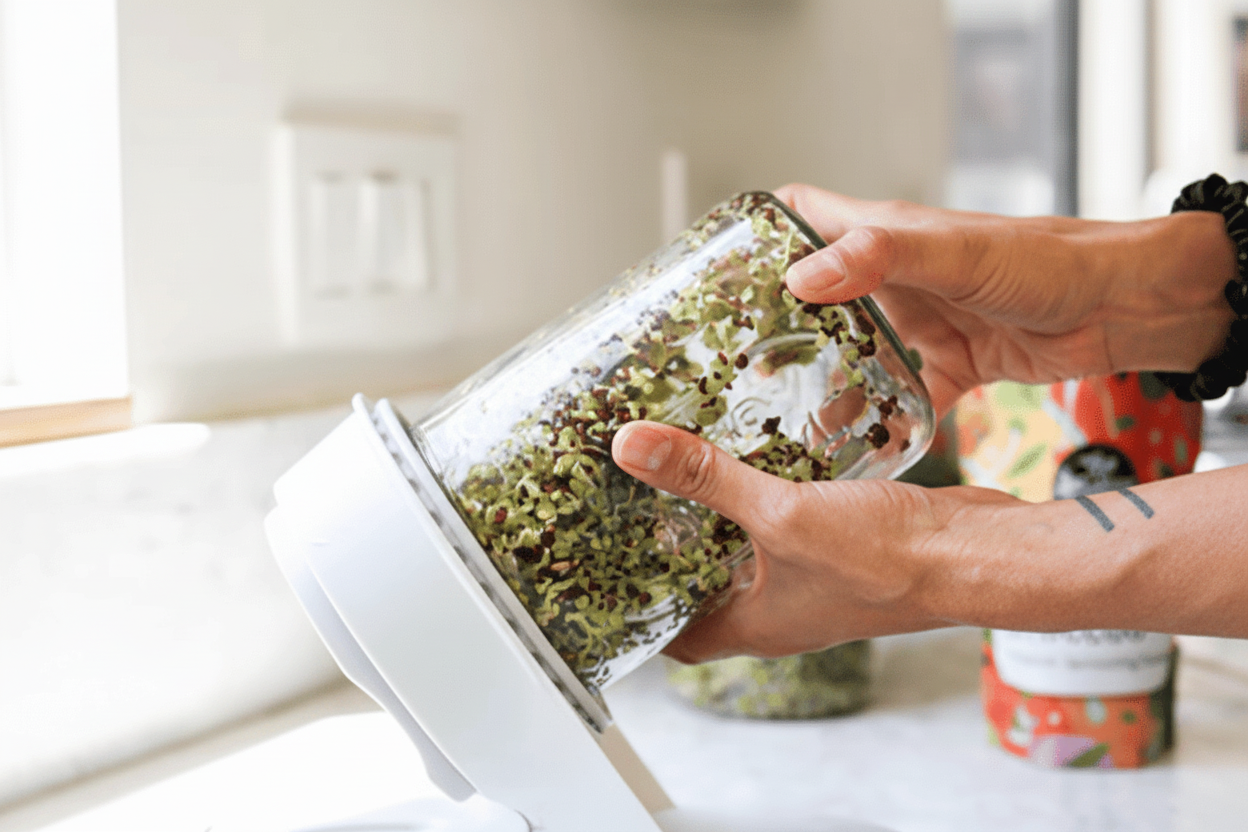 Sprouts growing in sprouter on counter